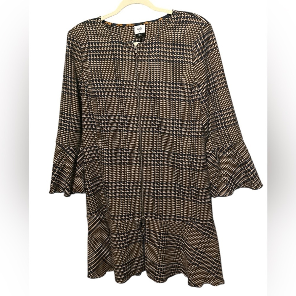 Cabi Cabi Brown black Plaid 2 Way Zip Peplum Hem Flounce Top Jacket Size L